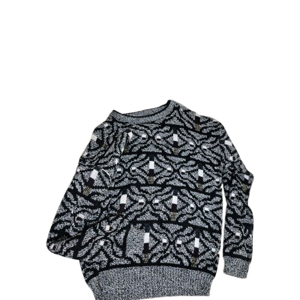 Vintage 90s Bugle Boy Company Geometric Knit Sweater Mens M Black Gray Acrylic